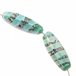 Lot (2) 27mm vintage Czech lampwork spatter marble green spiral melon glass beads