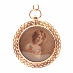 Antique Czech double side rolled gold scroll lithograph portrait locket pendant