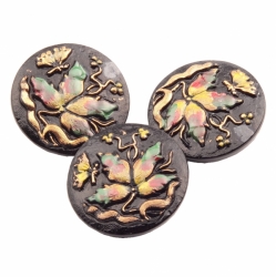 Lot (3) 32mm Czech Vintage 14k gold gilt hand painted flower butterfly black glass buttons 