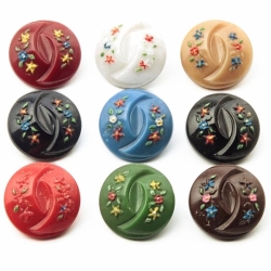 Collection (9) 18mm Czech Art Deco 1920's hand painted flower art glass buttons