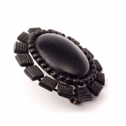 Antique Czech Victorian hand crafted oval jet black glass mourning pin brooch