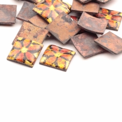 Vintage 16mm Czech foil lampwork amber flower glass over metal square cabochon mosaic tile jewelry making (1 piece)