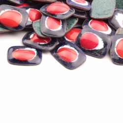 Vintage 21x16 mm Czech lampwork red eye blue white glass over metal rectangle cabochon mosaic tile jewelry making (1 piece)