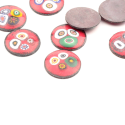 Vintage 18mm Czech lampwork millefiori red glass over metal round cabochon mosaic tile jewelry making (1 piece)