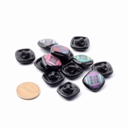 Set (13) 16mm Czech Art Deco Vintage iridescent faux fabric square black glass buttons