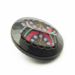 23mm Czech Deco Vintage geometric floral faux fabric hand painted black glass button