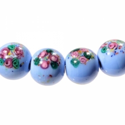 Lot (6) 13mm vintage Czech lampwork pink satin floral spatter blue art glass beads
