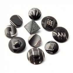 Vintage glass buttons Lot (10) Czech Deco 1920's silver luster floral geometric black