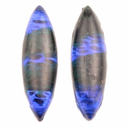 Lot (2) 30x9mm Czech vintage intaglio bumpy cobalt blue bicolor striped oval navette glass cabochons