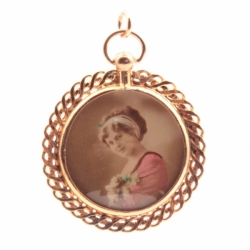 Antique Czech double side rolled gold scroll lithograph portrait locket pendant