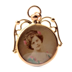 Antique Czech rolled gold lithograph photo portrait locket necklace pendant 