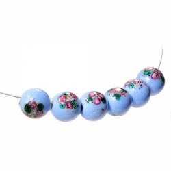 Lot (6) 13mm vintage Czech lampwork pink satin floral spatter blue art glass beads