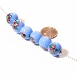 Lot (6) 13mm vintage Czech lampwork pink satin floral spatter blue art glass beads