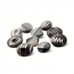 Vintage glass buttons Lot (10) Czech Deco 1920's silver luster floral geometric black