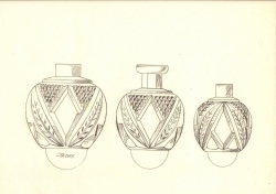 Original 1930's line drawing design print Czech cut crystal glass perfume bottle atomisers wall art