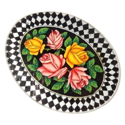 Large Czech reverse painted rose bouquet crystal glass cabochon element