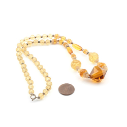 Vintage Czech necklace amber topaz faceted carved flower satin rondelle glass beads