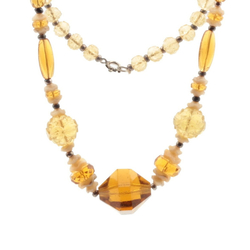 Vintage Czech necklace amber topaz faceted carved flower satin rondelle glass beads