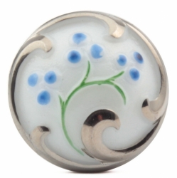 23mm Czech vintage silver lustre blue hand painted white flower glass button
