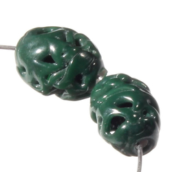 Lot (2)11mm vintage Czech rare lace spun pierced lampwork green oval lattice glass beads