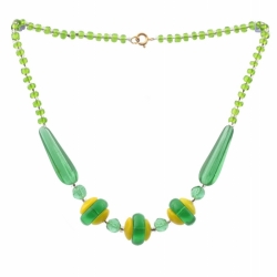 Vintage Czech necklace uranium green yellow rondelle teardrop  glass beads