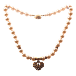 Vintage Czech necklace faux pearl glass beads rhinestone clasp gold plated pendant