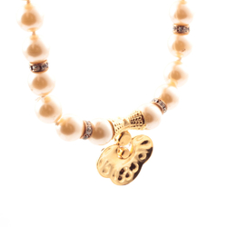 Vintage Czech necklace faux pearl glass beads rhinestone clasp gold plated pendant