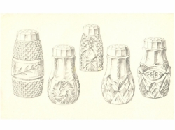 Original 1930's line drawing design print Czech cut crystal glass condiment salts peppers wall art