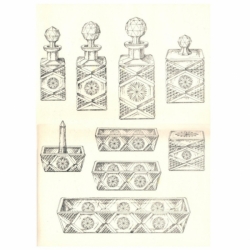Original 1930's line drawing design print Czech cut crystal glass decanters trays tableware wall art