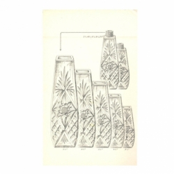 Original 1930's line drawing design print Czech cut crystal glass perfume bottle atomisers and vases wall art