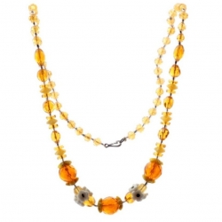 Vintage Art Deco beaded necklace white green amber faceted flower Czech glass beads