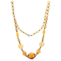 Vintage Czech necklace amber topaz faceted carved flower satin rondelle glass beads