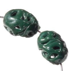 Lot (2)11mm vintage Czech rare lace spun pierced lampwork green oval lattice glass beads