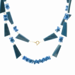 Czech beaded necklace blue interlocking rondelle Art Deco triangle glass beads