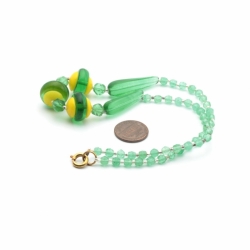 Vintage Czech necklace yellow uranium green teardrop English cut rondelle glass beads