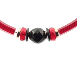Vintage Czech necklace long red arc bugle red black faceted glass beads
