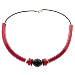 Vintage Czech necklace long red arc bugle red black faceted glass beads