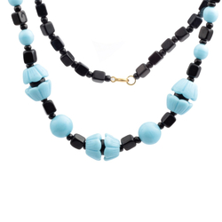 Vintage Czech necklace black rectangle blue flower glass beads