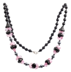 Vintage Czech necklace pink bicolor arc black flower hematite glass beads