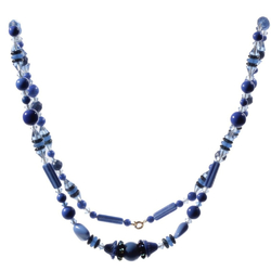 Vintage necklace Czech crystal clear black blue vitrail molded faceted flower glass beads