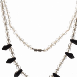 Czech Art Deco beaded necklace hand faceted clear black teardrop glass beads