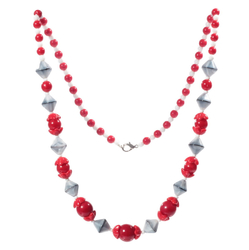 Vintage necklace Czech red white round flower gray satin bicone marble glass beads