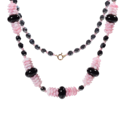 Vintage beaded necklace Czech black hematite pearl pink marble interlocking flower glass beads