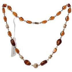 Vintage beaded link necklace Czech pearl topaz brown satin marble glass beads