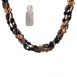Vintage 18" glass bead 3 strand necklace Czech black bronze marble pentagon topaz beads