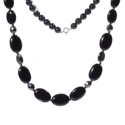 Vintage 22" glass bead necklace Czech black hematite round oval faceted beads