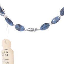 Vintage 26" glass bead necklace Czech blue satin stripe marbled hexagon beads