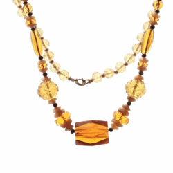 Vintage Czech Art Deco necklace rare amber carved flower satin glass beads