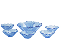 Vintage Art Deco Czech sapphire blue frost glass fruit bowl dish dessert set lotus flower