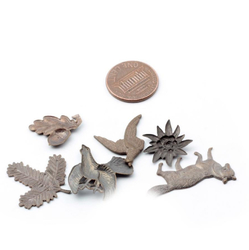 Lot (6) Czech Deco Vintage realistic fox ptarmigan grouse oak metal jewelry elements nature stampings